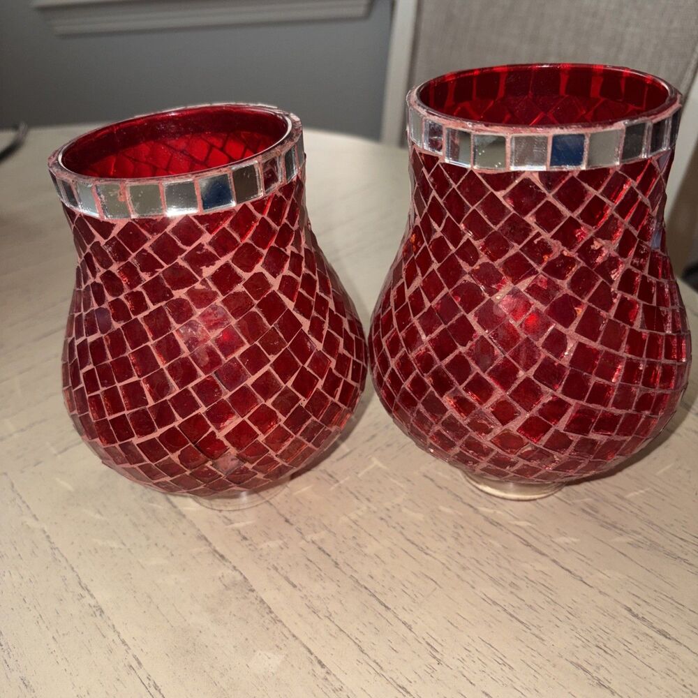 Set Of 2 Vintage Mosaic Red Glass Candle Lanterns - 6”T x 4”W